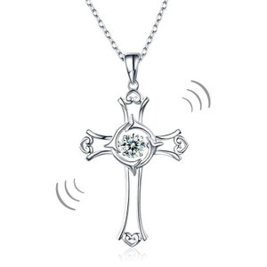 Round Cut Created Diamond Dancing Stone Heart Cross Pendant Necklace 925 Sterling Silver - Gift Boxed