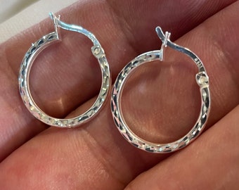 Sterling Silver Hoop Earrings - Silver 15 mm Dia Cut Hoop Earrings 1.60 Grams - Gift Boxed