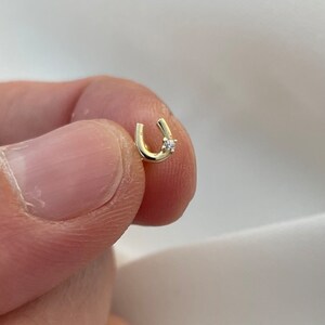 May include: A small, gold-colored horseshoe-shaped earring with a tiny, clear gemstone at the bottom. The earring is held between fingers against a soft, white background. The horseshoe design is a classic symbol of luck.