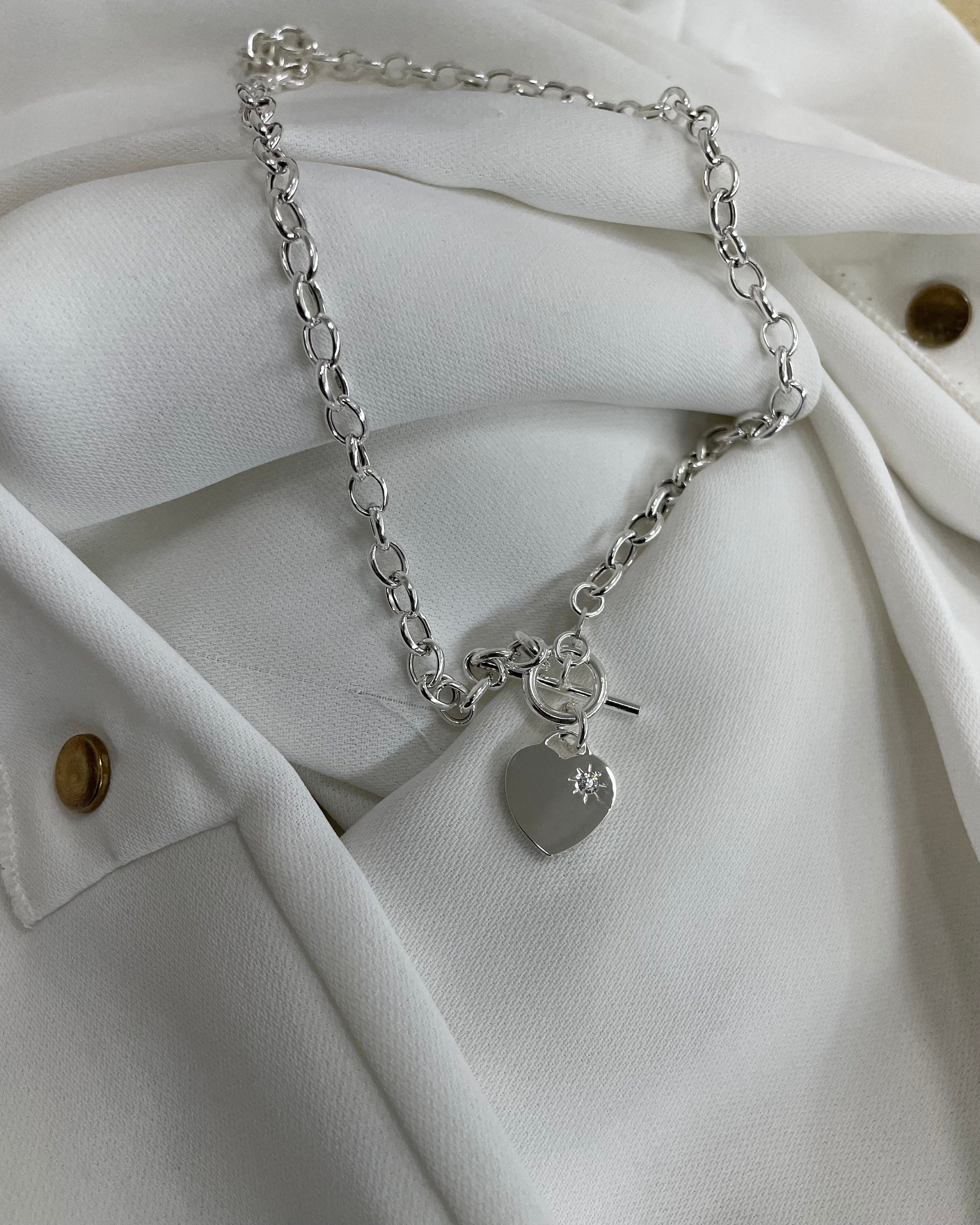 Sterling Silver 925 Heart Charm T Bar Necklace 16 Inch With