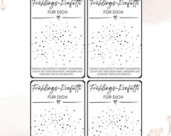 May include: Four printable gift tags with a black and white confetti design. The tags are labeled "Frühlings-Konfetti Für Dich" which translates to "Spring Confetti For You".