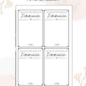 May include: Four blank white cards with black borders and text that says "VIEL GLÜCK UND SEGEN ZUR Kommunion" with a heart symbol. Each card has a fish symbol at the bottom. The text "TÜTENEINLEGER" is at the top of the image. The image has a floral design on the left and right sides.