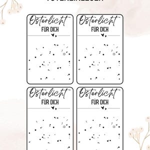 Op de afbeelding: Vier zwart-witte printbare cadeau-etiketten met de tekst "Osterlicht für dich", wat "Paaslicht voor jou" betekent.