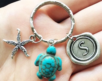 SALE! Turquoise turtle keychain with letter starfish custom initial keychain turtle personalized keychain jewelry girlfriend boyfriend gift