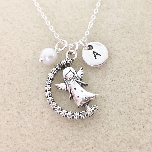 Quality Angel on the moon necklace dainty angel gifts Christmas gifts Christmas angel necklace guardian angel memorial necklace gift