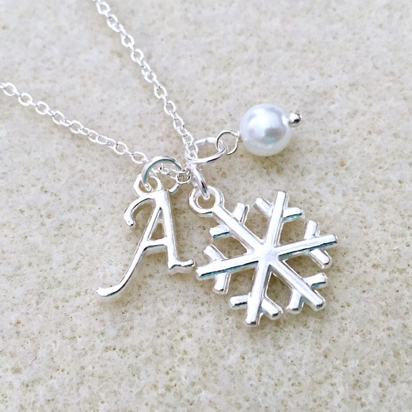 Snowflake necklace with letter Christmas necklace winter necklace winter bridesmaid gift winter wedding flower girl necklace