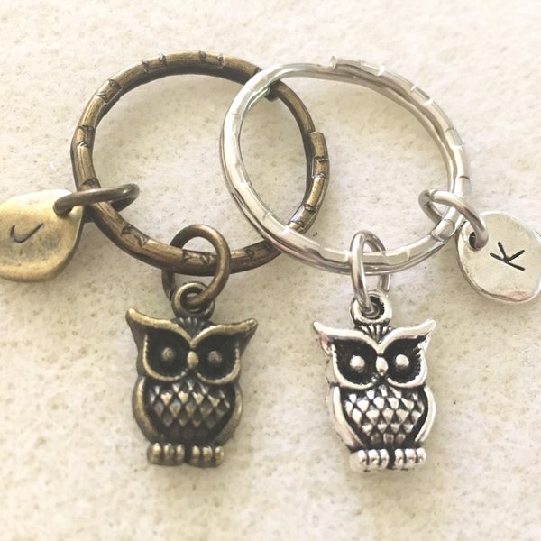 Tiny initial bronze or silver owl keychain with letter owl gifts owl jewelry with letter personalized owl keychain initial gift