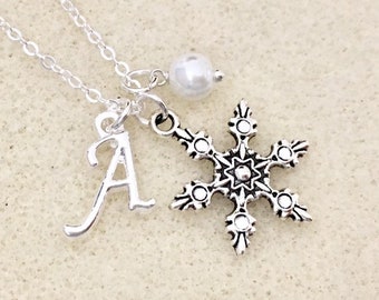 Bridesmaid snowflake necklace with pearl Christmas necklace winter necklace winter bridesmaid gift winter wedding flower girl necklace