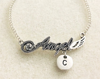 Angel wing bracelet angel wing jewelry initial bracelet angel anklet personalized gift for her gift for girlfriend personalized jewelry