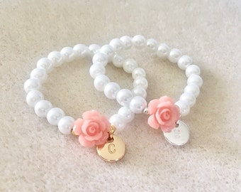 Pink flower and white pearl bracelet for flower girl gift for flower girl pearl bracelet for little girl gift for toddler girl gift