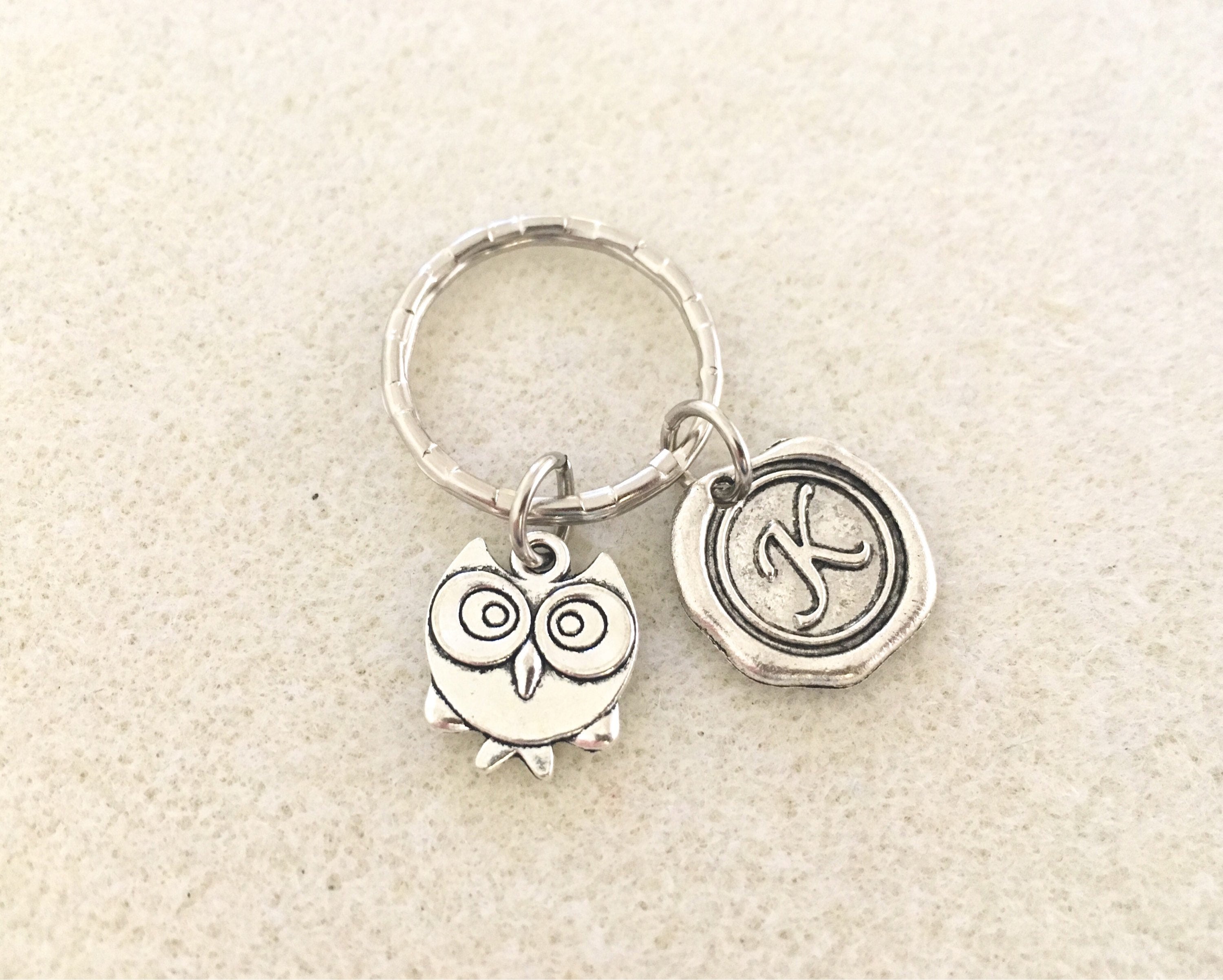 SALE!!! Initial owl keychain with letter owl gifts owl jewelry with letter personalized owl keychain