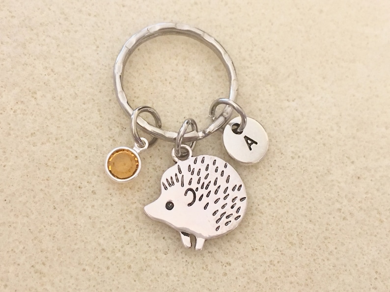 May include: Silver hedgehog keychain with a small amber-colored crystal charm and a silver charm with the letter A.