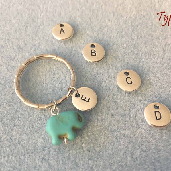 Tiny turquoise elephant keychain silver keychain with letter initial keychain personalized elephant gift initial jewelry elephant jewelry