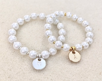 White pearl flower girl stretch bracelet with little metal beads bracelet flower girl gift ideas bridesmaid gift bridal shower gift wedding