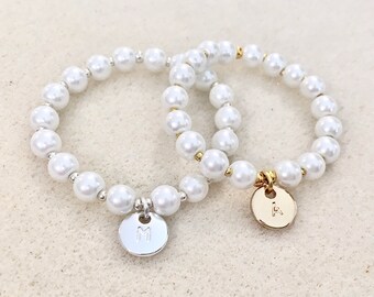 White pearl flower girl stretch bracelet with little metal beads bracelet flower girl gift ideas bridesmaid gift bridal shower gift wedding