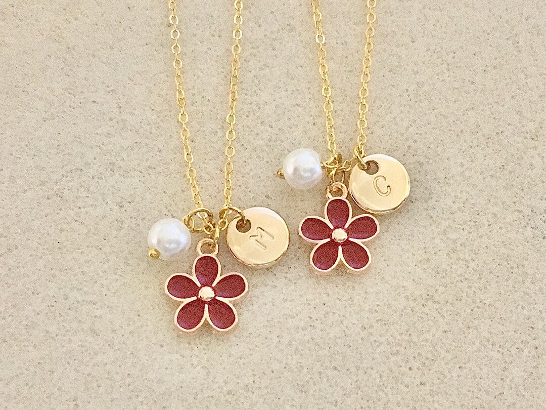 Red Gold Flower Necklace for Flower Girl Burgundy Gift Ideas for Girls