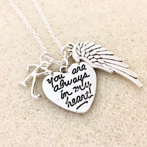 Memorial necklace You are always in my heart necklace personalized memorial gift memorial jewelry angel wing necklace remembrance necklace