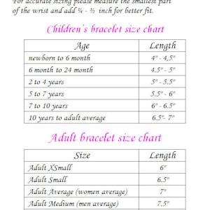 May include: A chart showing bracelet sizing for children and adults. The chart lists age ranges for children and corresponding bracelet lengths in inches. For adults, the chart lists sizes from X-Small to XX-Large and corresponding bracelet lengths in inches.