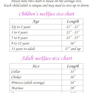 K&ouml;nnte beinhalten: Eine Tabelle mit Halskettengr&ouml;&szlig;en f&uuml;r Kinder und Erwachsene. Die Tabelle listet die Altersgruppen f&uuml;r Kinder und die entsprechenden Halskettenl&auml;ngen in Zoll auf. F&uuml;r Erwachsene listet die Tabelle die Halskettenstile und die entsprechenden L&auml;ngen in Zoll auf.