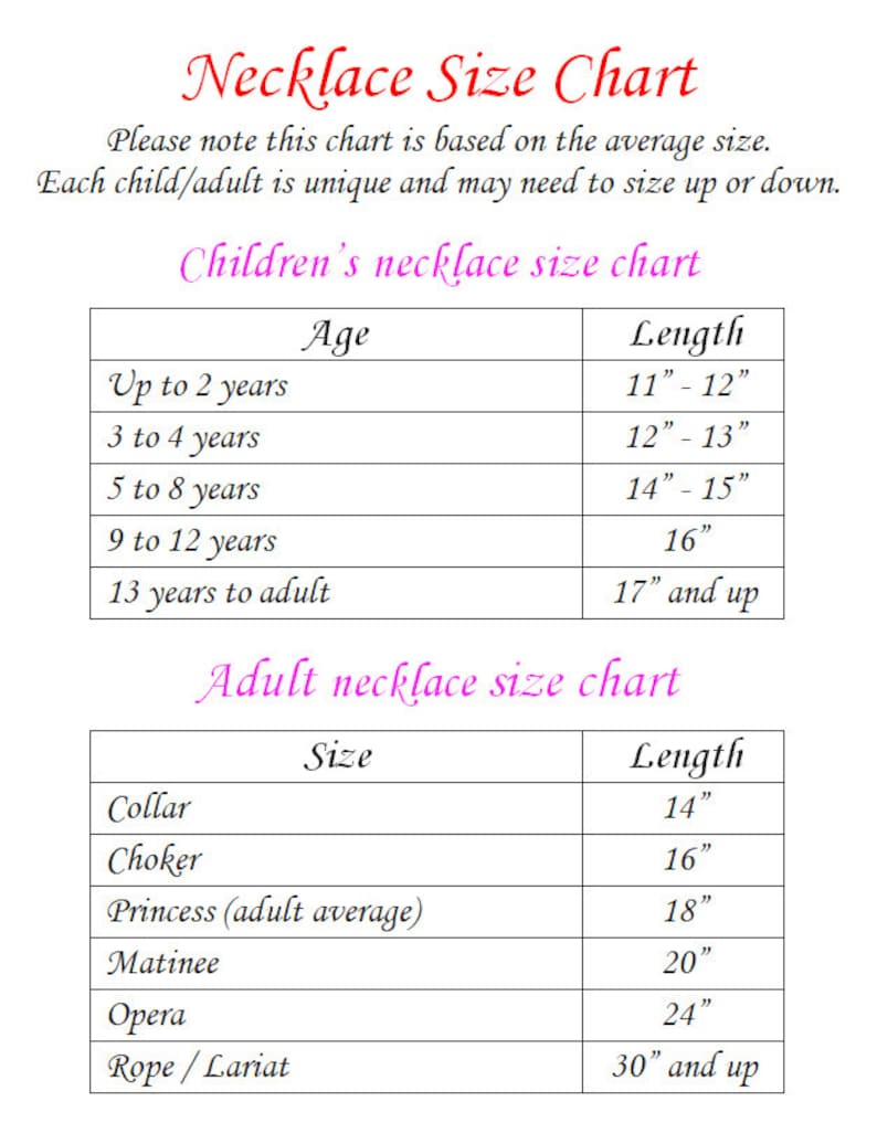 K&ouml;nnte beinhalten: Eine Tabelle mit Halskettengr&ouml;&szlig;en f&uuml;r Kinder und Erwachsene. Die Tabelle listet die Altersgruppen f&uuml;r Kinder und die entsprechenden Halskettenl&auml;ngen in Zoll auf. F&uuml;r Erwachsene listet die Tabelle die Halskettenstile und die entsprechenden L&auml;ngen in Zoll auf.