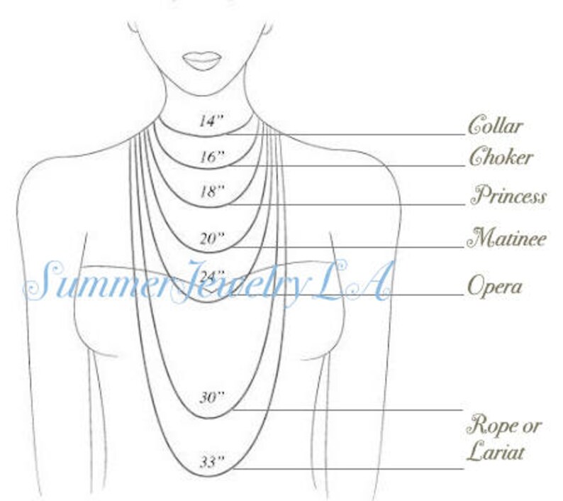 May include: Diagram showing different necklace lengths, including collar, choker, princess, matinee, opera, and rope or lariat. The lengths are measured in inches: 14", 16", 18", 20", 24", 30", and 33".