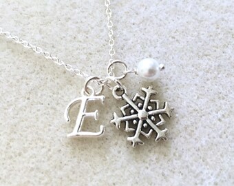 Bridesmaid snowflake necklace with letter Christmas necklace winter necklace winter bridesmaid gift winter wedding flower girl necklace