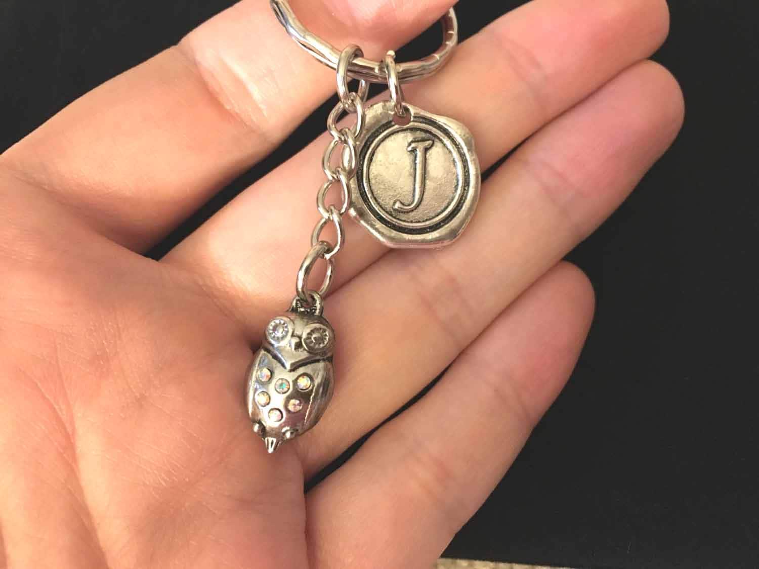 Owl keychain with letter owl jewelry initial keychain with letter owl gifts for women owl key chain 
