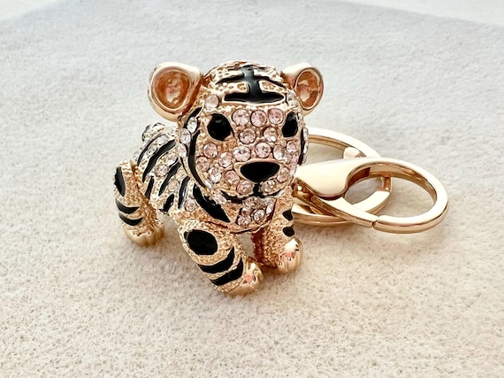 Gold tiger keychain rhinestone keychain gold keychain with letter personalized keychain monogram keychain initial keychain tiger gift