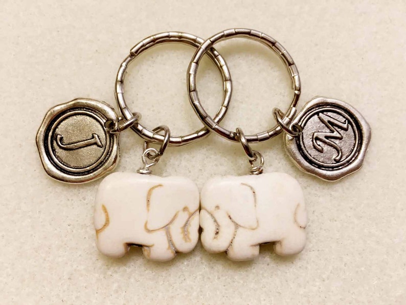 SALE Couples gift set elephant keychain elephant gifts couples keychain personalized gift initial keychain white turquoise elephant image 2