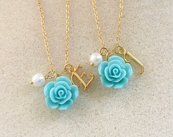 Cyan flower necklace turquoise light blue flower girl necklace blue rose necklace gift flower girl gift daughter birthday turquoise wedding