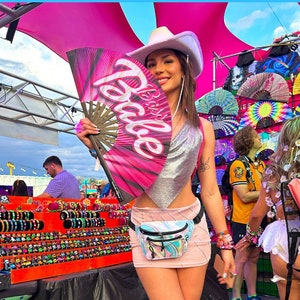 Bass Babe - UV Reactive Custom Festival Folding Hand Fan - Large Bamboo Fan - Rave Accessories - Festival Merch