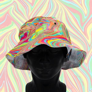 May include: A colorful bucket hat with a swirling psychedelic pattern in shades of pink, yellow, blue, and green. The hat is made of a lightweight fabric and has a wide brim.