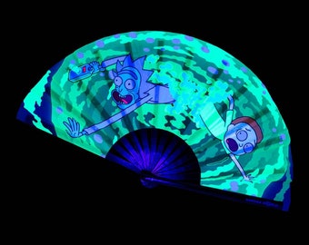 Rick And Morty - UV Reactive Custom Festival Folding Hand Fan - Large Bamboo Fan - Rave Accessories - Festival Merch - Rick And Morty