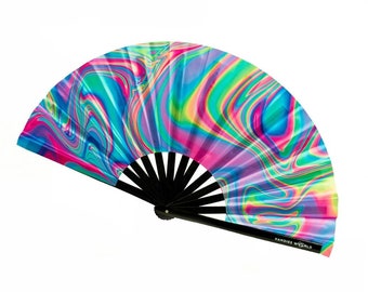 Trippy Pastel Hand Fan – UV Reactive Festival Rave Accessory - Large Rave Folding Hand Clack Fan