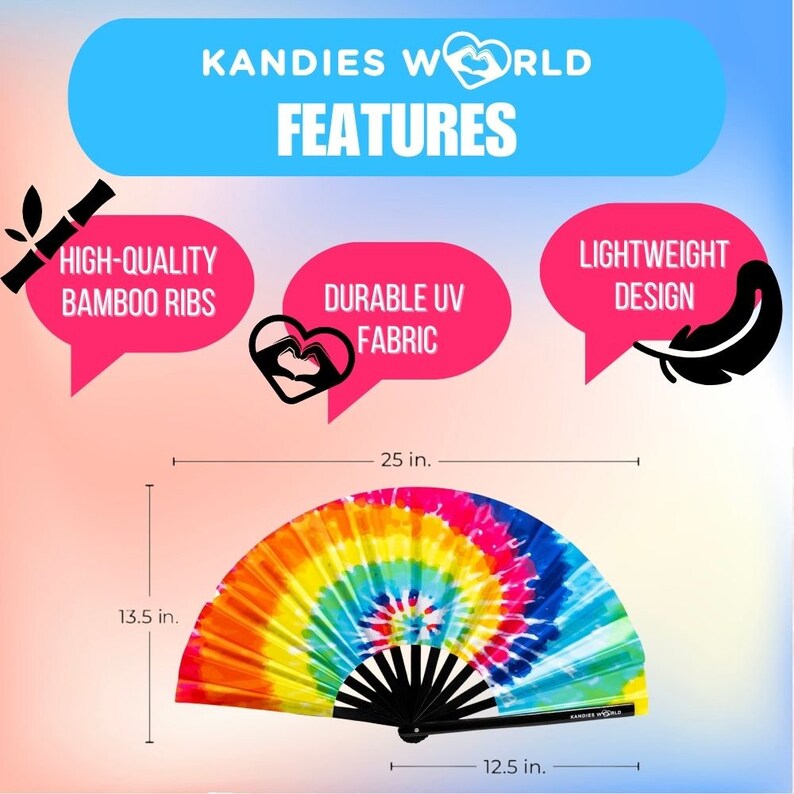 May include: A colorful tie-dye hand fan with black bamboo ribs. The fan is 25 inches wide and 13.5 inches tall. The fan is made of durable UV fabric and has a lightweight design.