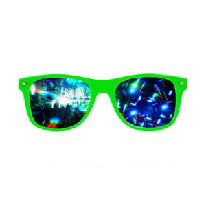 May include: Green neon sunglasses with a holographic lens that reflects a colorful light show. The text "Liquid" is visible in the reflection.