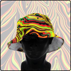 Fire Lines Marble Pattern - Orange Black & Yellow Hydro-Dipped Bucket Hat – Psychedelic Swirl Festival Wear (UV Reactive) Unisex Accessory