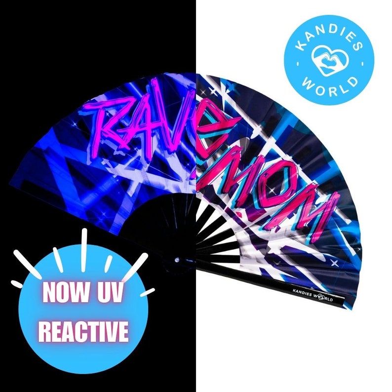 May include: A black and blue folding fan with a white and blue geometric pattern. The fan has the words "Rave Mom" written in pink and blue on it. The fan is UV reactive and glows under blacklight. The fan is made by Kandies World.