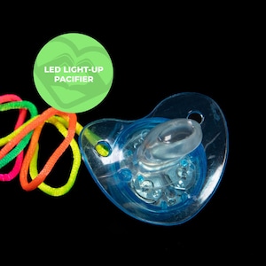 May include: A blue light-up pacifier with a colorful string attached. The pacifier has a clear nipple and a light-up design. The text "LED LIGHT-UP PACIFIER" is on a green circle.