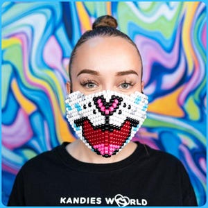Snow Cat Full Face Kandi Mask, Beaded Handmade EDM Festival and Rave Mask