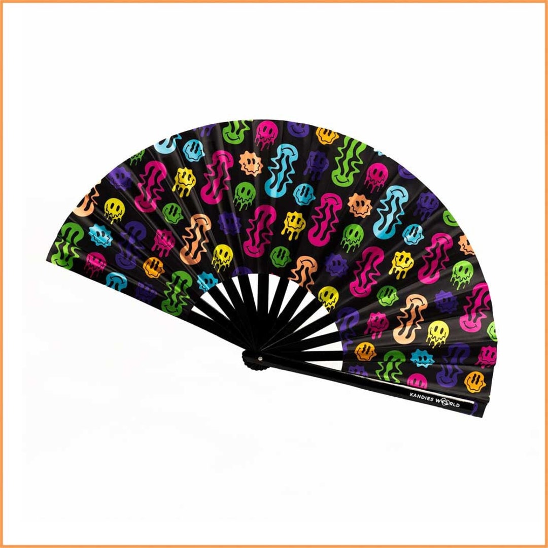 Drippy Smiley Festival Folding Hand Fan Bamboo Rave Accessories Unique Designs Clacking Fan High