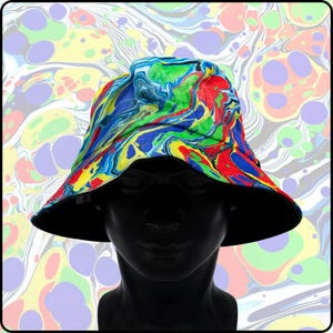 The Lenny Marble Pattern - Multicolor Hydro-Dipped Bucket Hat – Psychedelic Swirl Cotton Festival Wear (UV Reactive) Unisex Accessory