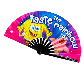 Taste The Rainbow - UV Reactive Custom Festival Folding Hand Fan - Large Bamboo Fan - Rave Accessories - Festival Merch - Sponge Bob