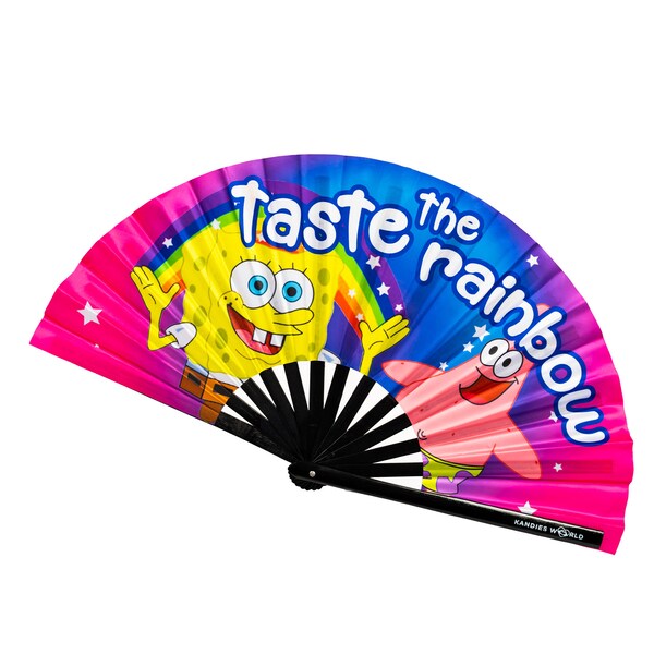 Taste The Rainbow - UV Reactive Custom Festival Folding Hand Fan - Large Bamboo Fan - Rave Accessories - Festival Merch - Sponge Bob