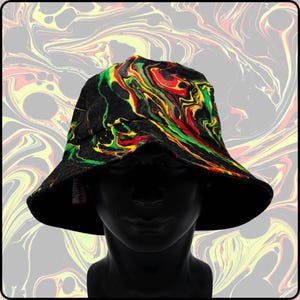 Spit Fire Marble Pattern - Multicolor Hydro-Dipped Bucket Hat – Psychedelic Swirl Cotton Festival Wear (UV Reactive) Unisex Accessory