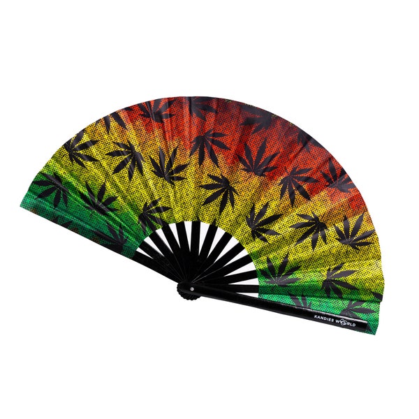 Rasta Weed - UV Reactive Custom Festival Folding Hand Fan - Large Bamboo Fan - Rave Accessories - Festival Merch
