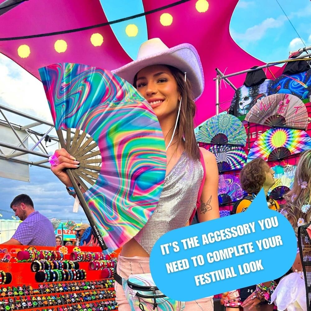 Trippy Pastel Hand Fan – UV Reactive Festival Rave Accessory - Large ...