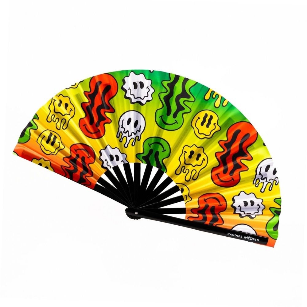 Rasta Drippy Smiley - UV Reactive Custom Festival Folding Hand Fan - Large Bamboo Fan - Rave Accessories - Festival Merch