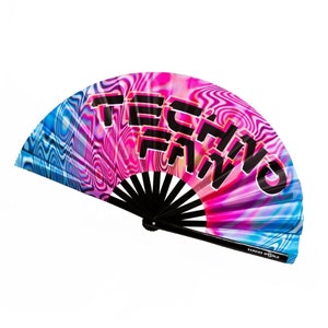 Techno - UV Reactive Custom Festival Folding Hand Fan - Large Bamboo Fan - Rave Accessories - Festival Merch
