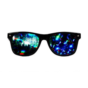 May include: Black framed sunglasses with iridescent lenses that reflect a colorful, abstract pattern. The lenses have a holographic effect.
